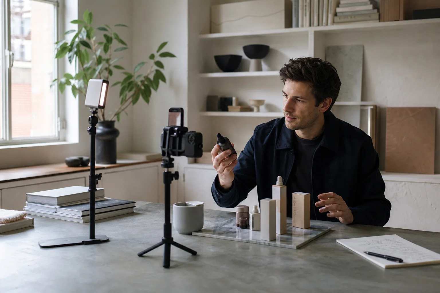 Creator filming a considered product demonstration in a daylight studio